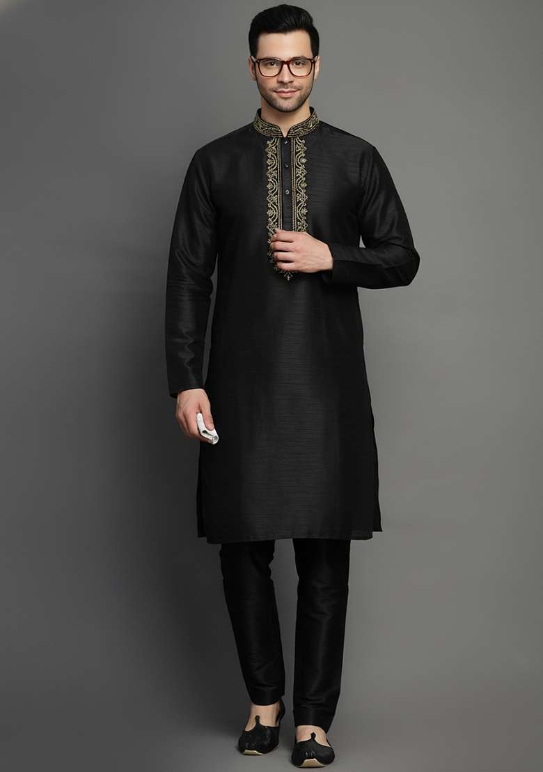 Black Embroidery Dupion Silk Blend Kurta Set For Men - Indya