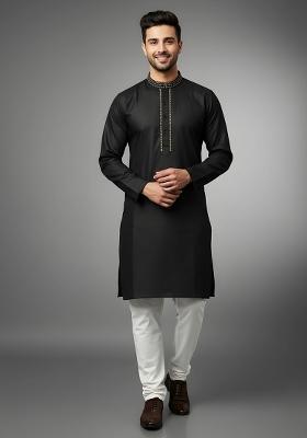 Black Embroidery Cotton Kurta Set For Men