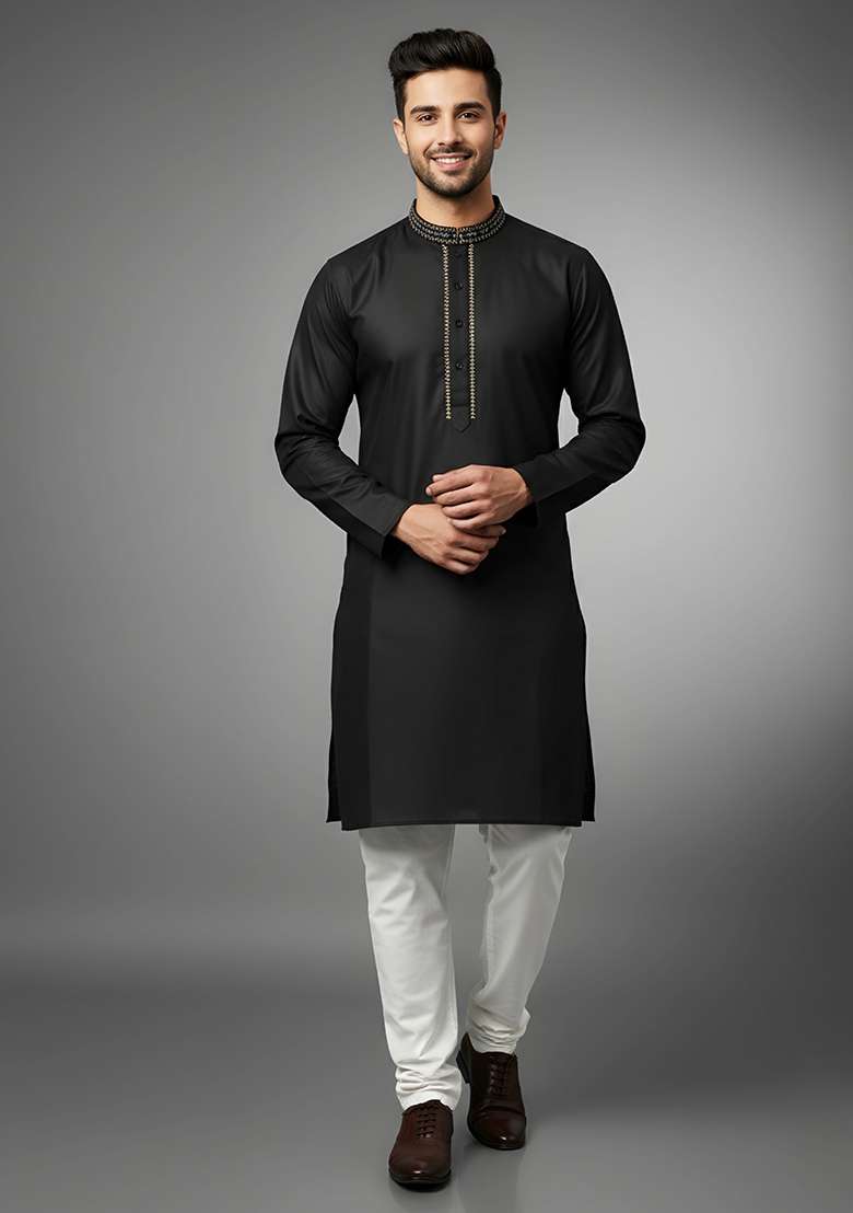 Black Embroidery Cotton Kurta Set For Men - Indya