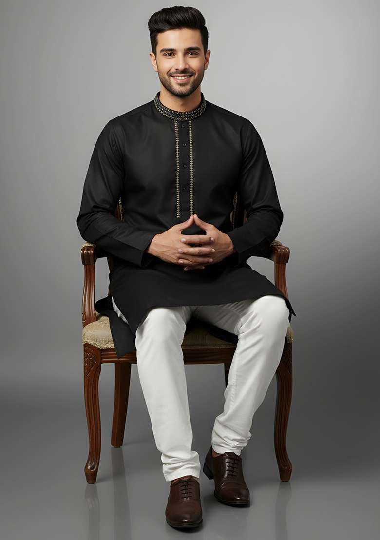 Black Embroidery Cotton Kurta Set For Men - Indya