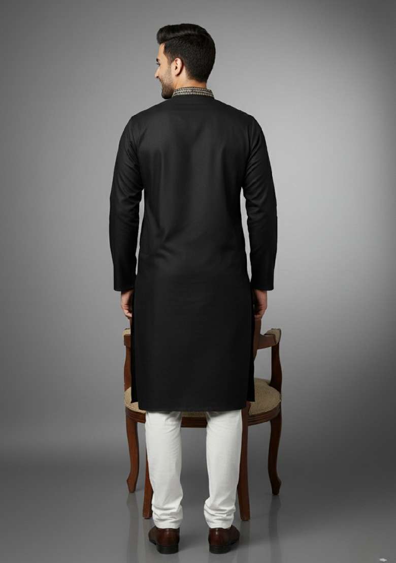 Black Embroidery Cotton Kurta Set For Men - Indya