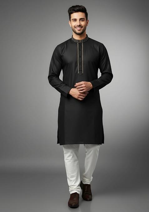 Black Embroidery Cotton Kurta Set For Men