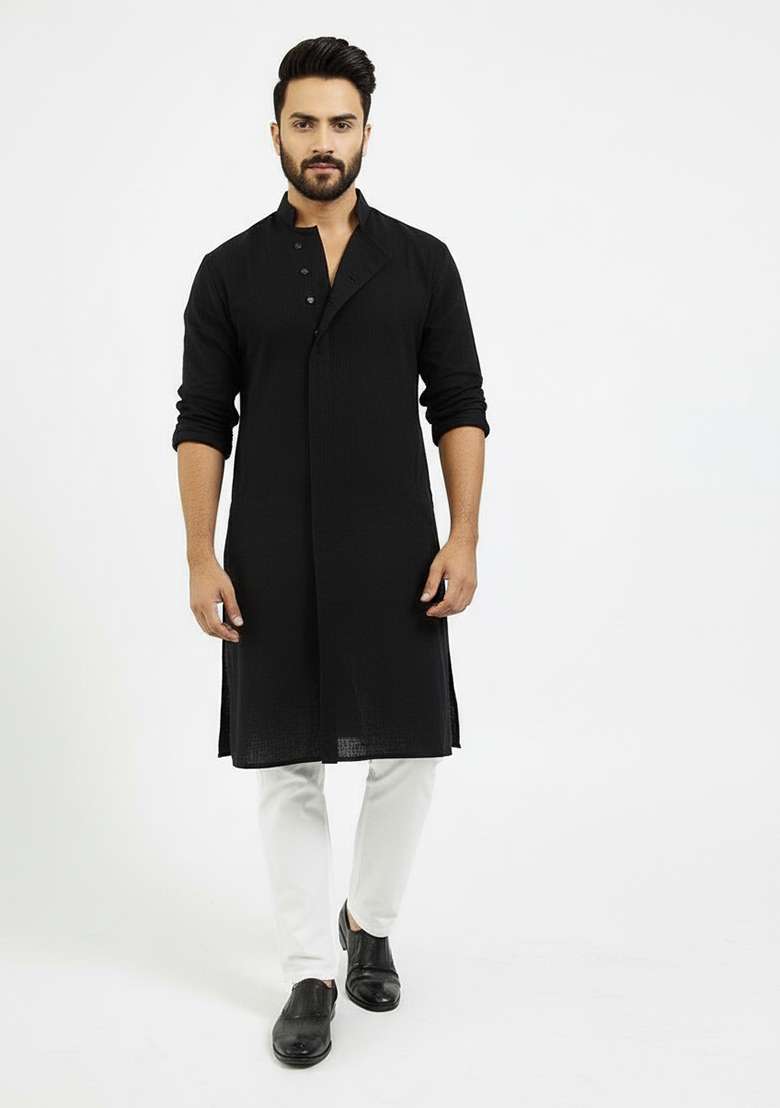 Black Embroidery Cotton Kurta Set For Men - Indya