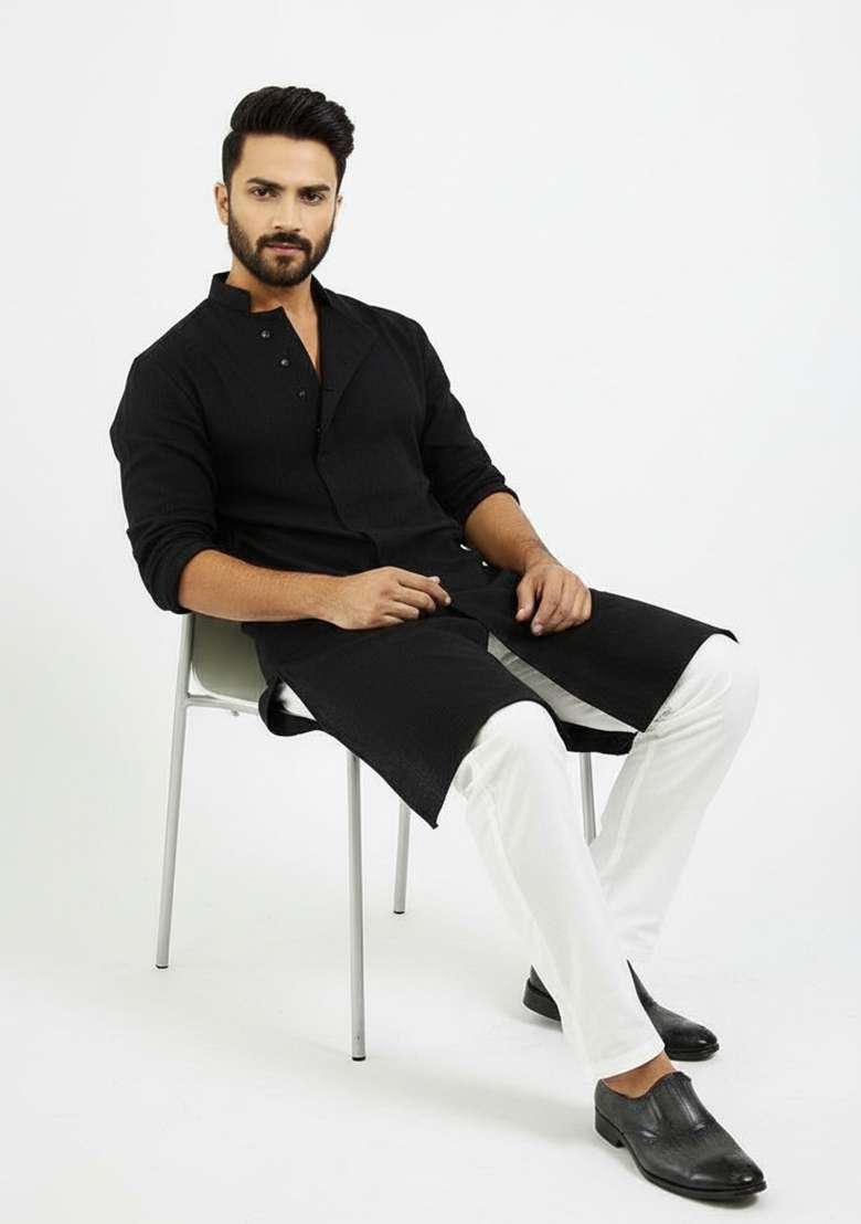 Black Embroidery Cotton Kurta Set For Men - Indya