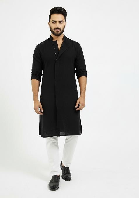 Black Embroidery Cotton Kurta Set For Men