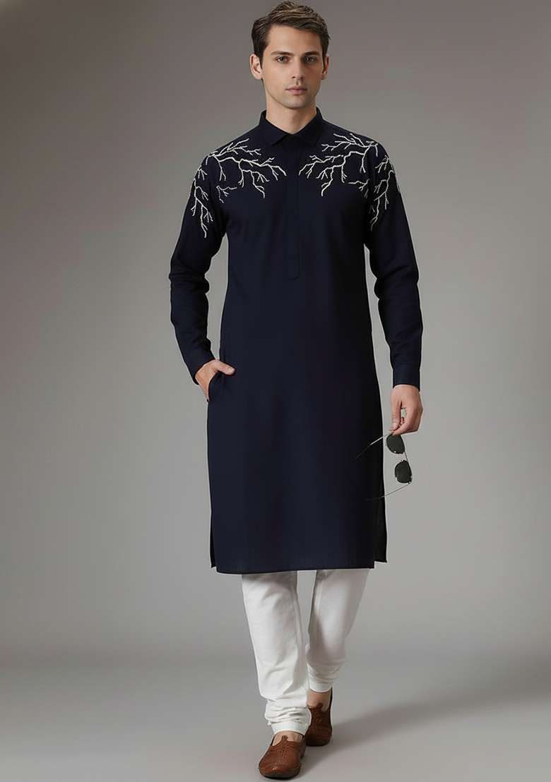Navy Embroidery Cotton Kurta Set For Men - Indya