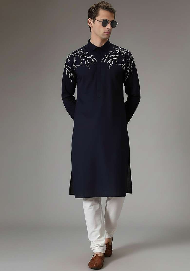 Navy Embroidery Cotton Kurta Set For Men - Indya
