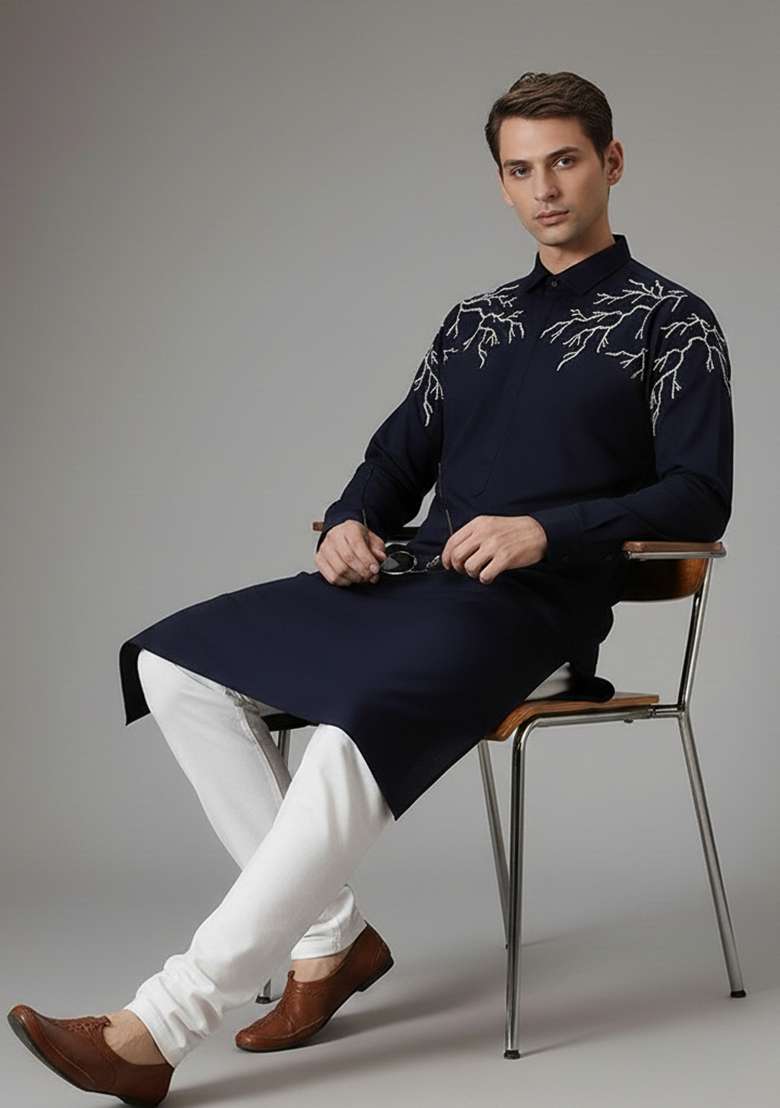 Navy Embroidery Cotton Kurta Set For Men - Indya