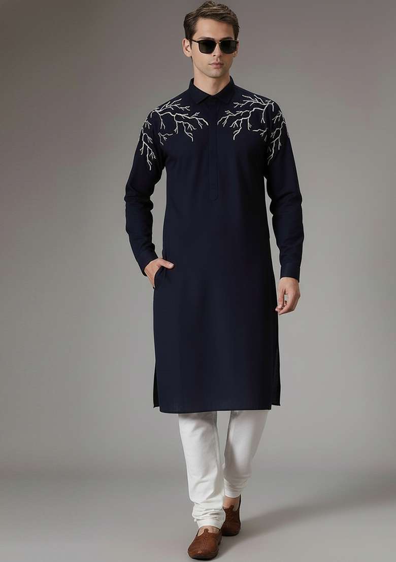 Navy Embroidery Cotton Kurta Set For Men - Indya