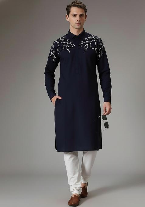 Navy Embroidery Cotton Kurta Set For Men
