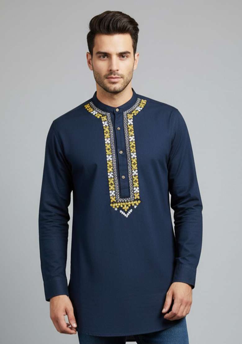 Navy Embroidery Cotton Kurta For Men - Indya