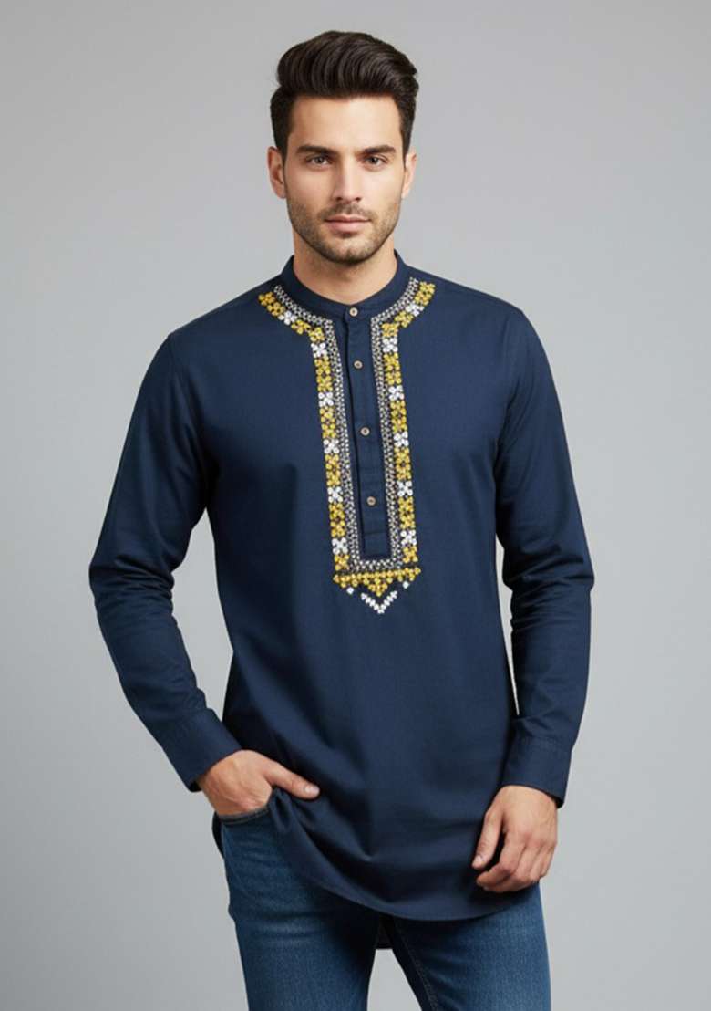 Navy Embroidery Cotton Kurta For Men - Indya