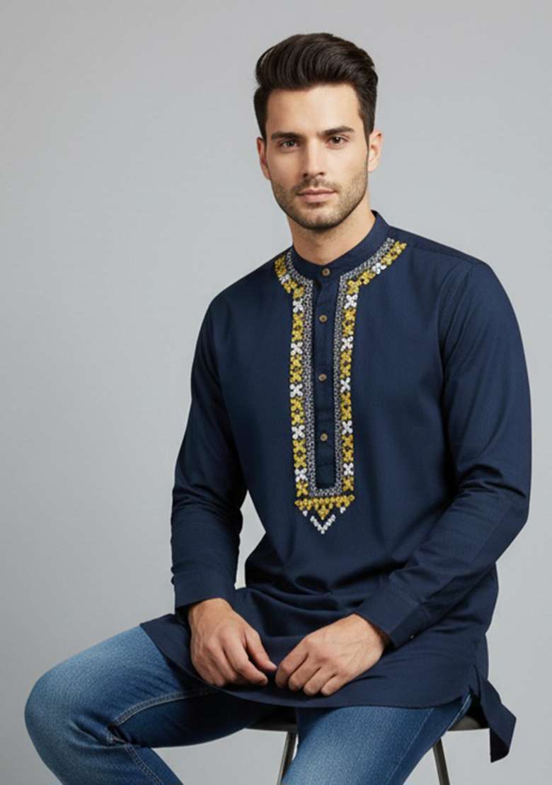 Navy Embroidery Cotton Kurta For Men - Indya
