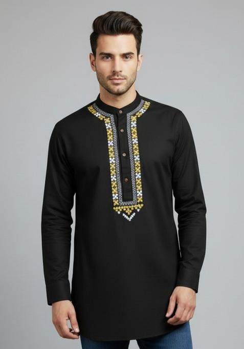 Black Embroidery Cotton Kurta For Men
