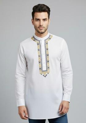 White Embroidery Cotton Kurta For Men