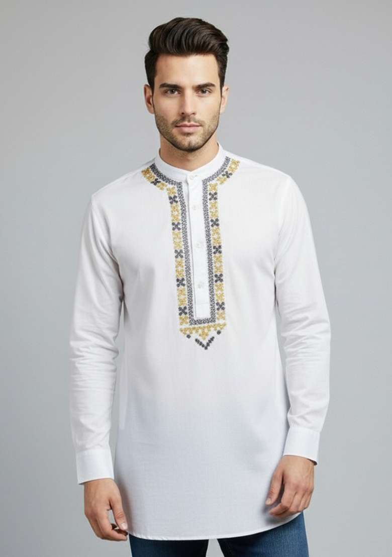 White Embroidery Cotton Kurta For Men - Indya