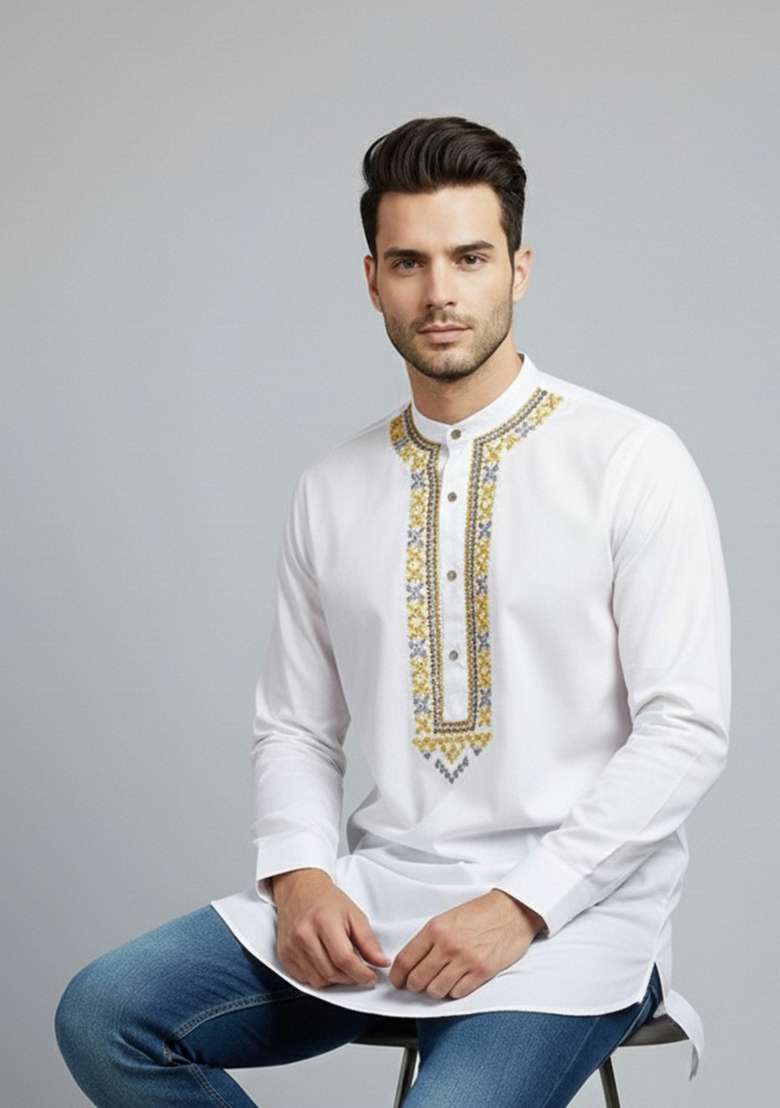 White Embroidery Cotton Kurta For Men - Indya