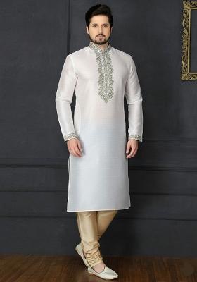 White Embroidery Dupion Silk Kurta Set For Men