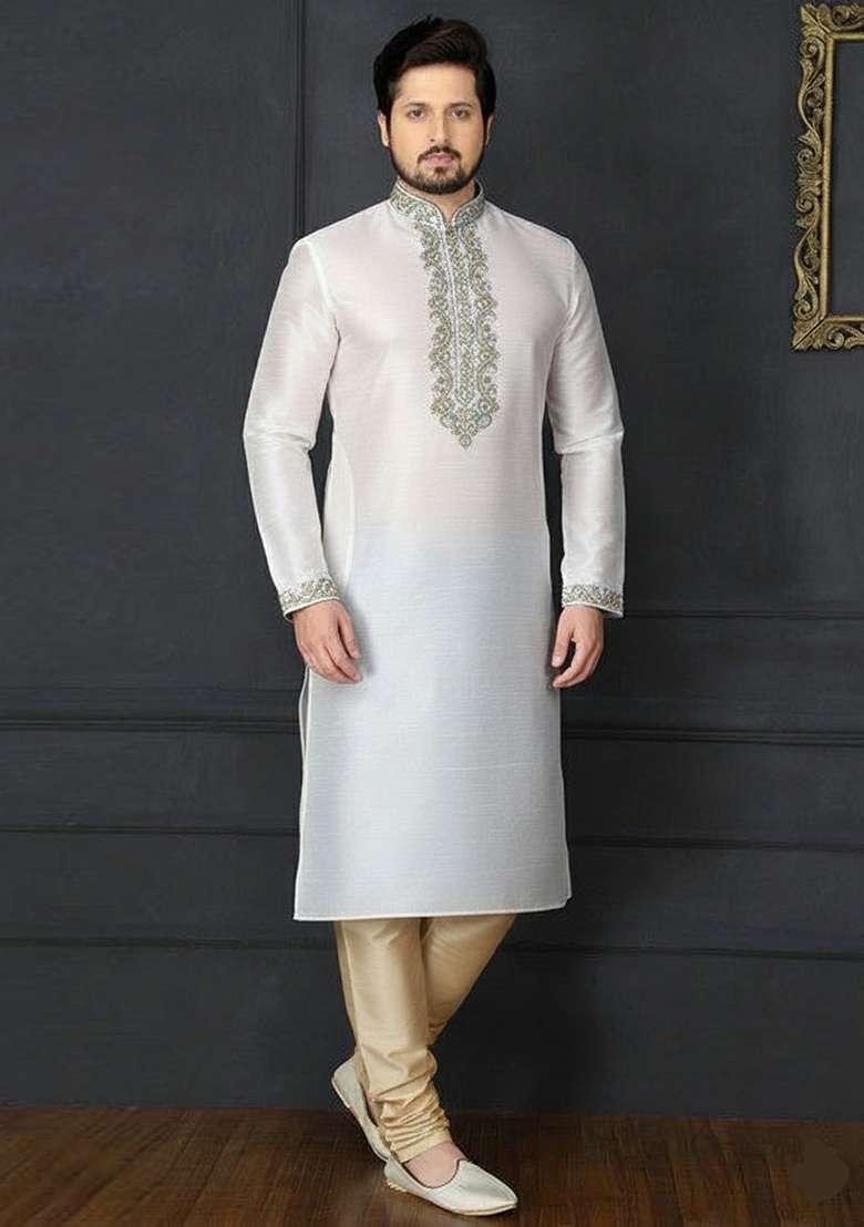 White Embroidery Dupion Silk Blend Kurta Set For Men - Indya