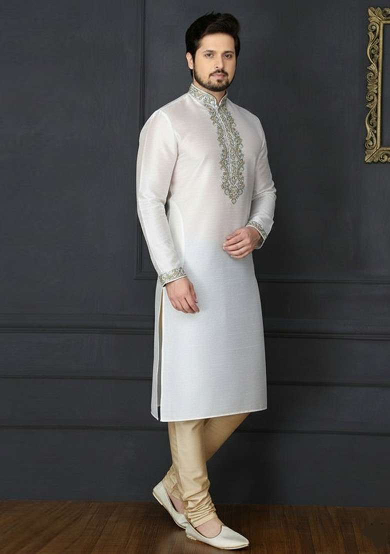 White Embroidery Dupion Silk Blend Kurta Set For Men - Indya