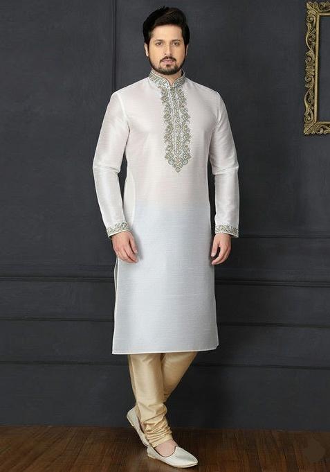 White Embroidery Dupion Silk Kurta Set For Men
