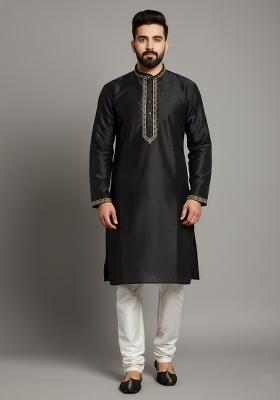 Black Embroidery Dupion Silk Kurta Set For Men