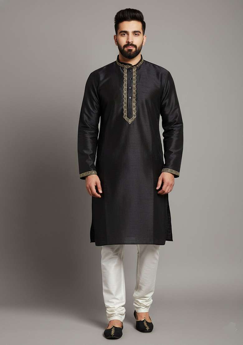 Black Embroidery Dupion Silk Blend Kurta Set For Men - Indya