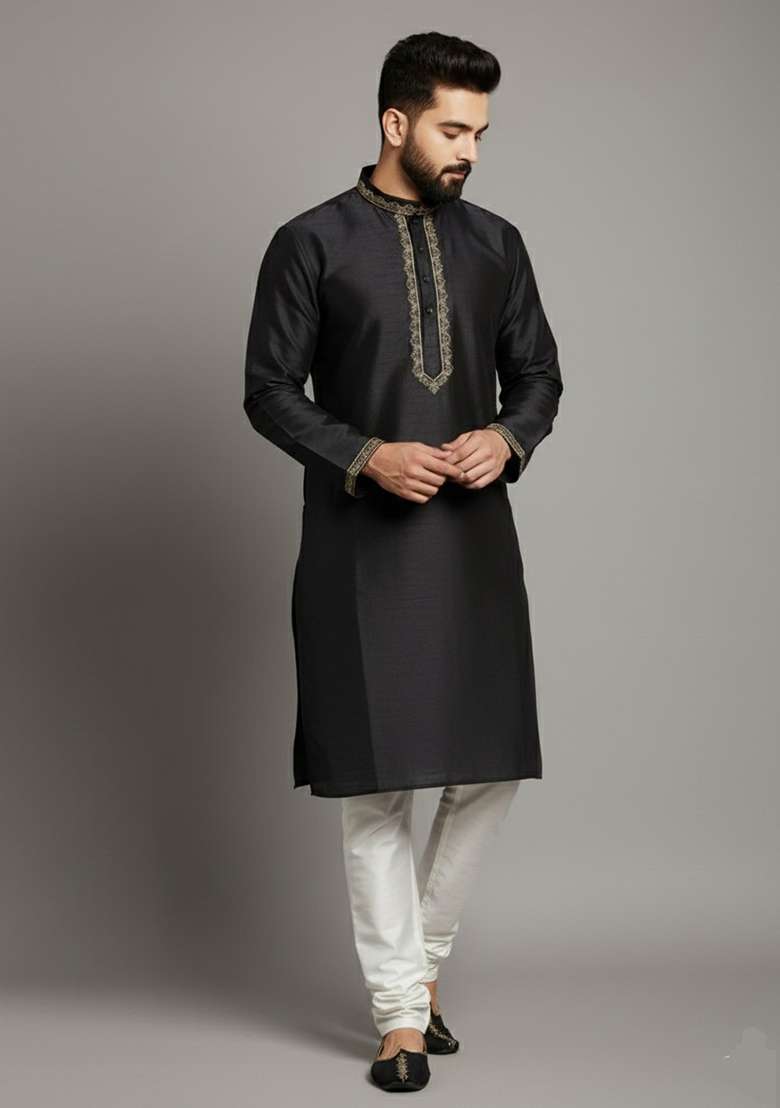 Black Embroidery Dupion Silk Blend Kurta Set For Men - Indya
