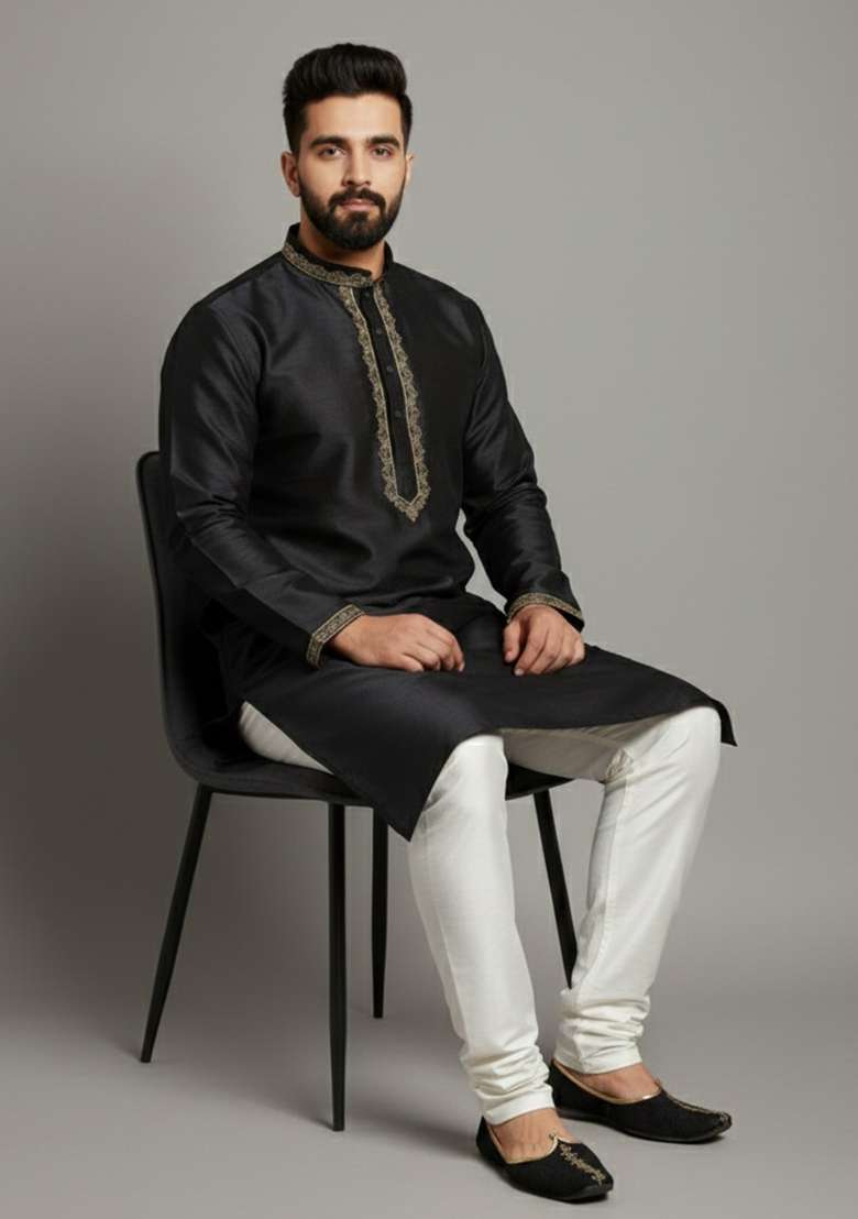 Black Embroidery Dupion Silk Blend Kurta Set For Men - Indya