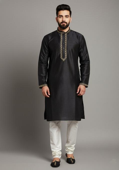 Black Embroidery Dupion Silk Kurta Set For Men