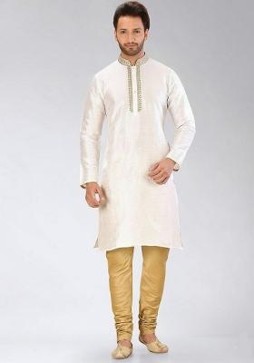 White Embroidery Dupion Silk Kurta Set For Men