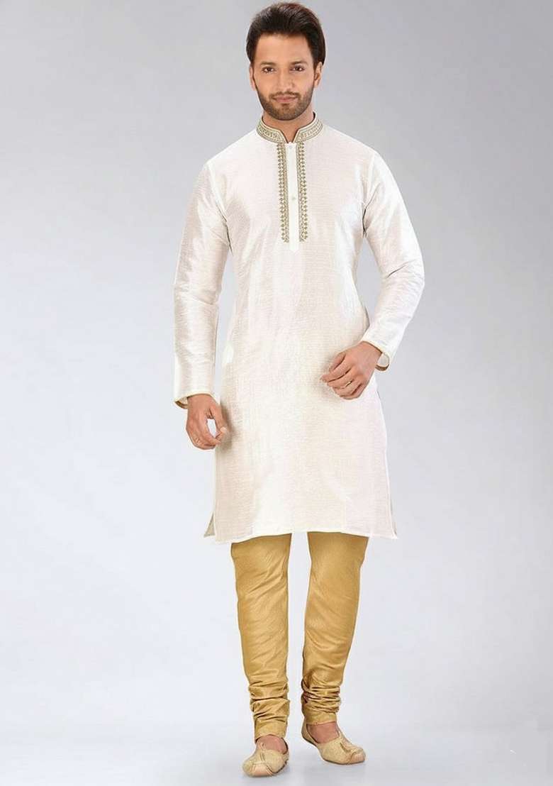 White Embroidery Dupion Silk Blend Kurta Set For Men - Indya