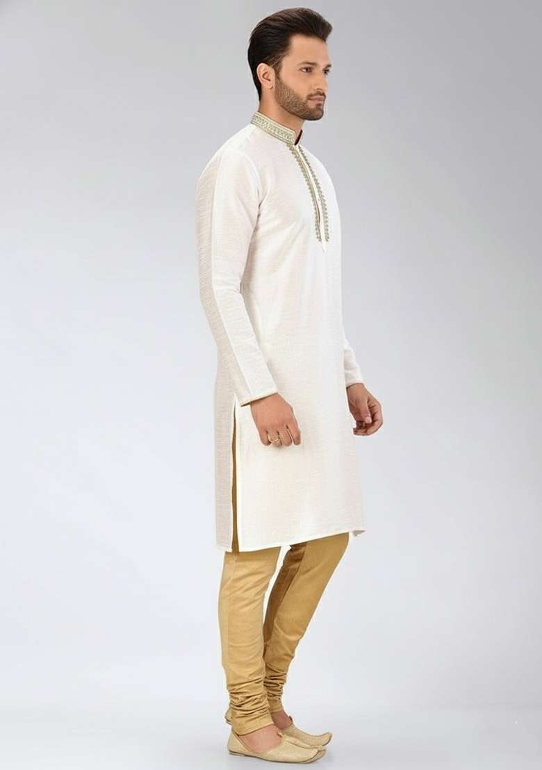 White Embroidery Dupion Silk Blend Kurta Set For Men - Indya