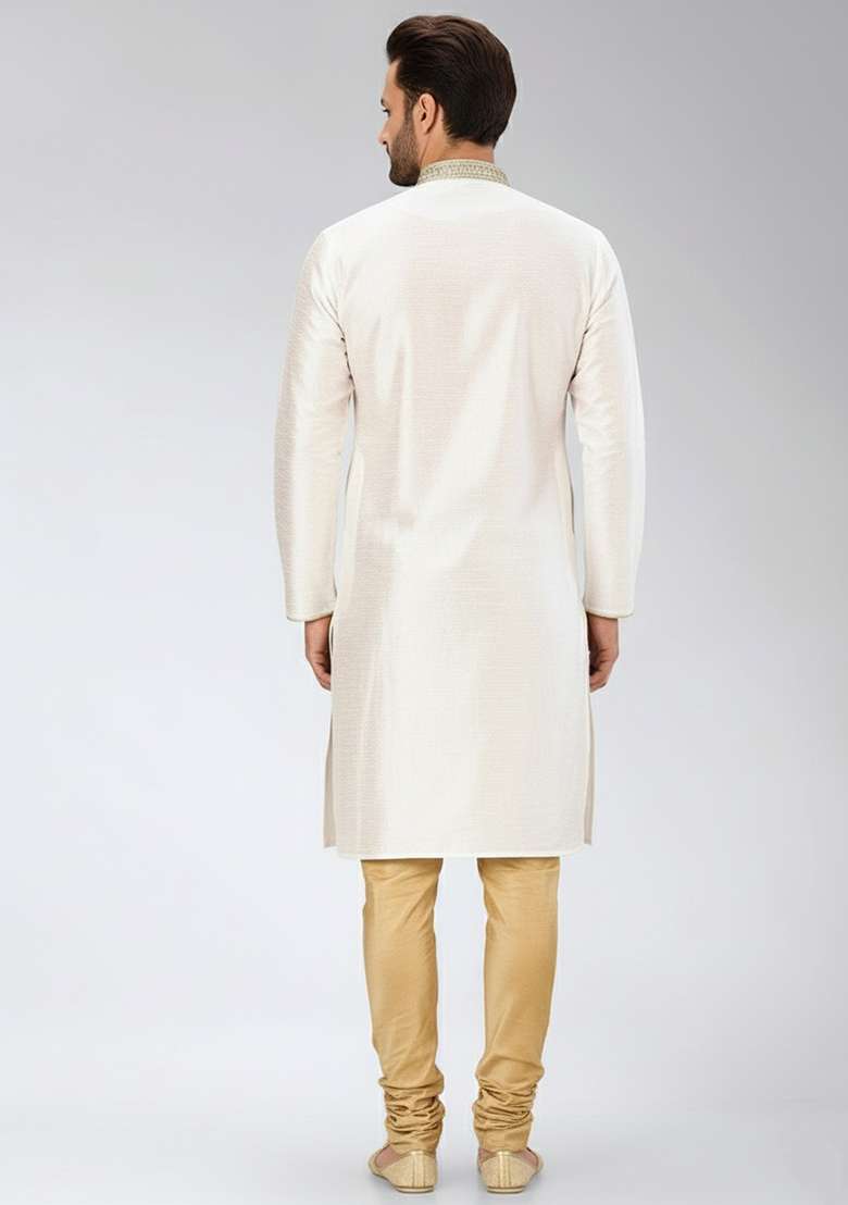 White Embroidery Dupion Silk Blend Kurta Set For Men - Indya