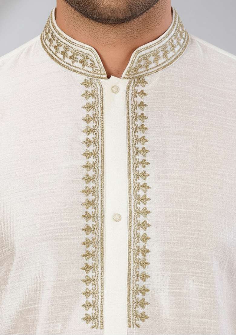 White Embroidery Dupion Silk Blend Kurta Set For Men - Indya