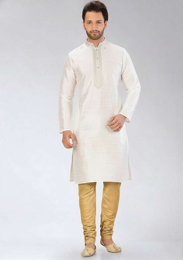 White Embroidery Dupion Silk Blend Kurta Set For Men - Indya