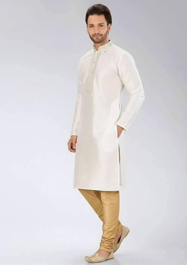 White Embroidery Dupion Silk Blend Kurta Set For Men - Indya