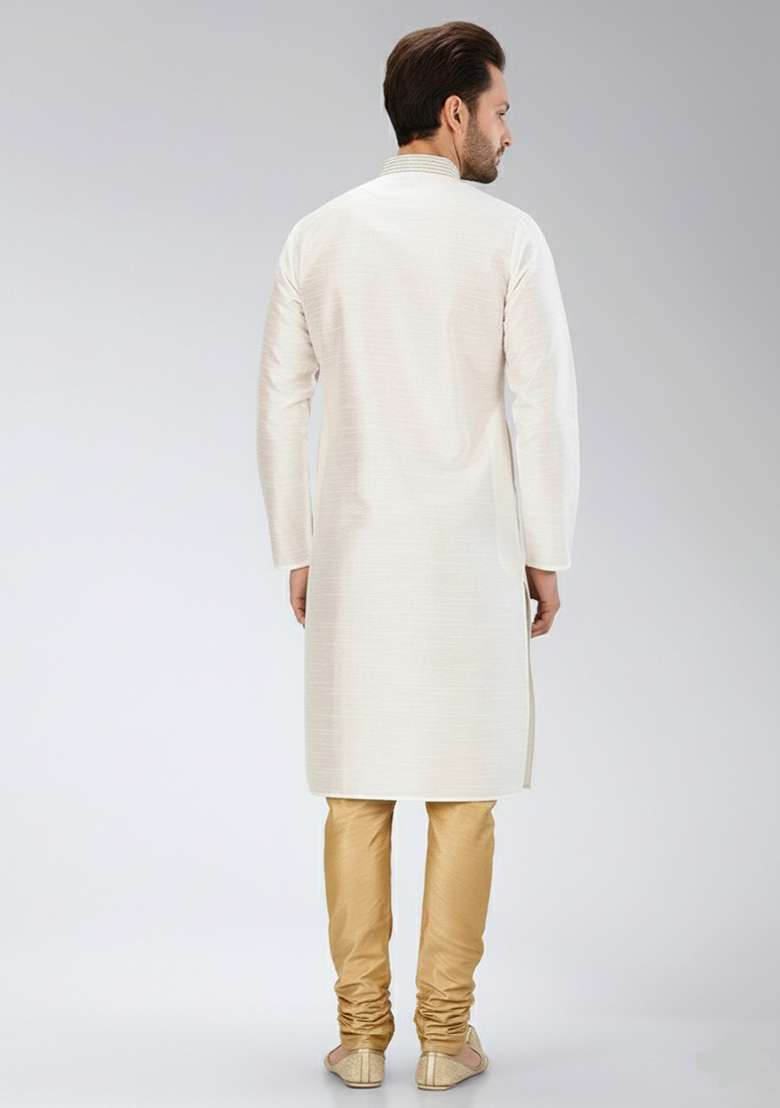 White Embroidery Dupion Silk Blend Kurta Set For Men - Indya
