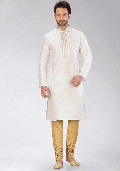 White Embroidery Dupion Silk Kurta Set For Men