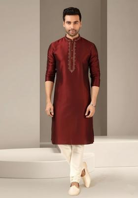 Maroon Embroidery Dupion Silk Kurta Set For Men