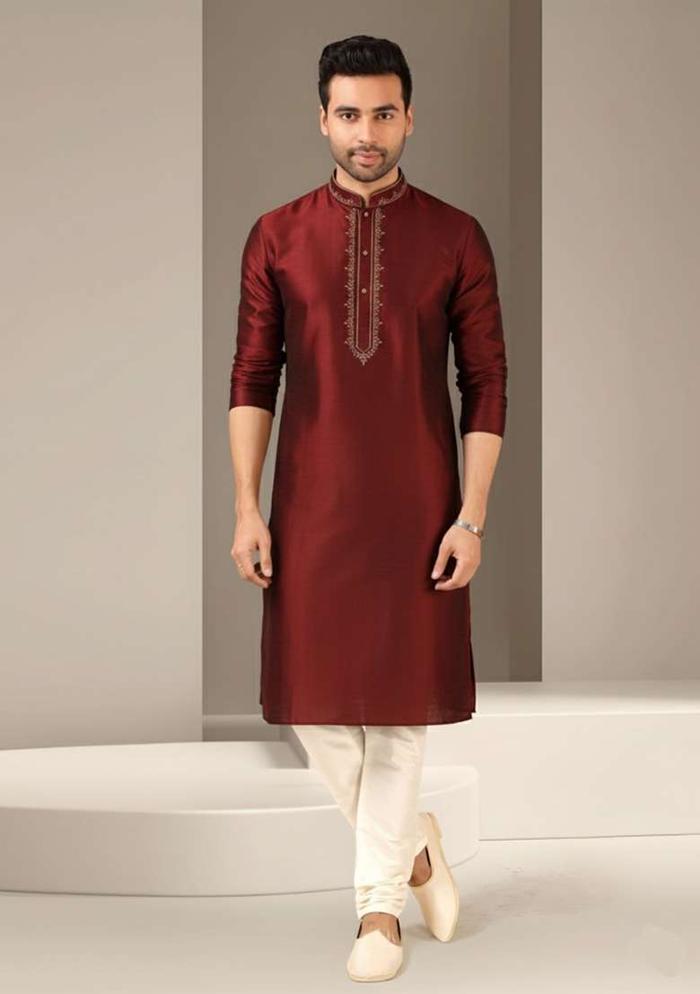 Maroon Embroidery Dupion Silk Blend Kurta Set For Men - Indya