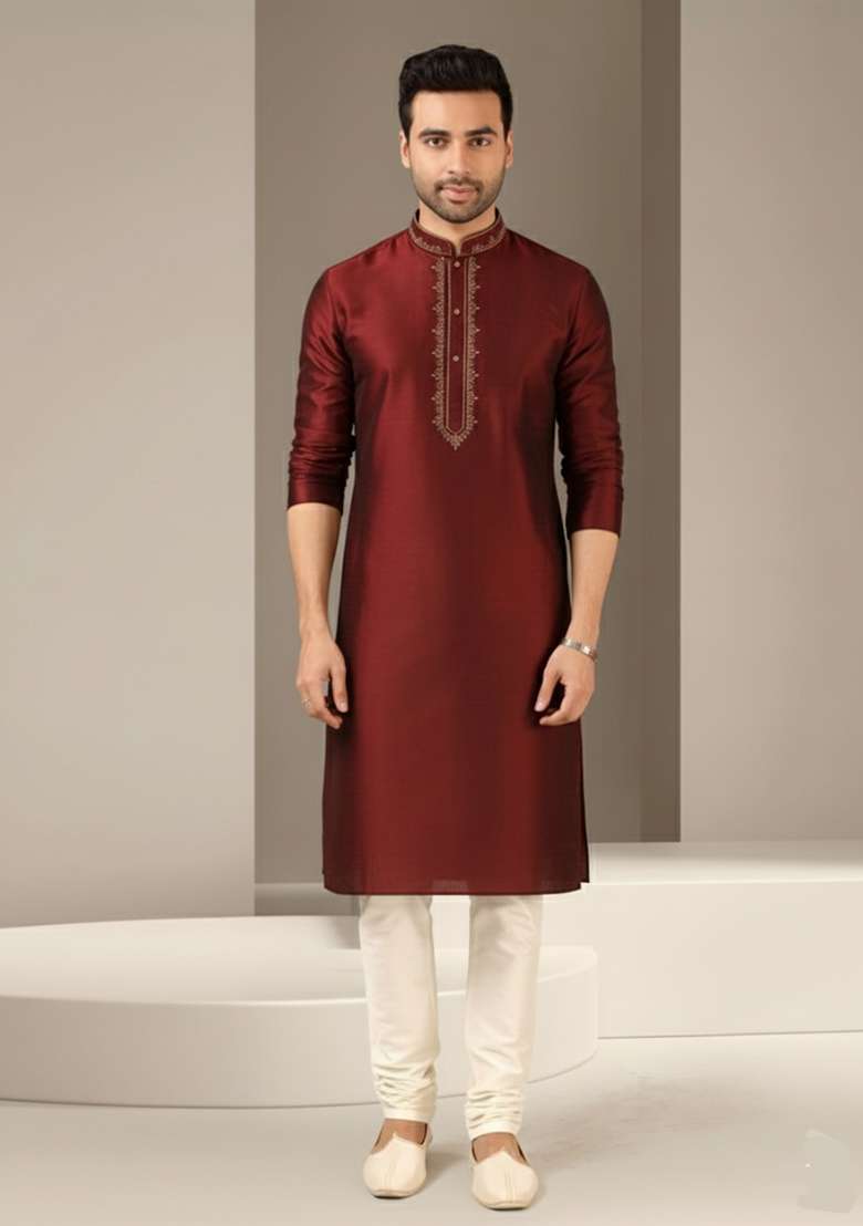 Maroon Embroidery Dupion Silk Blend Kurta Set For Men - Indya