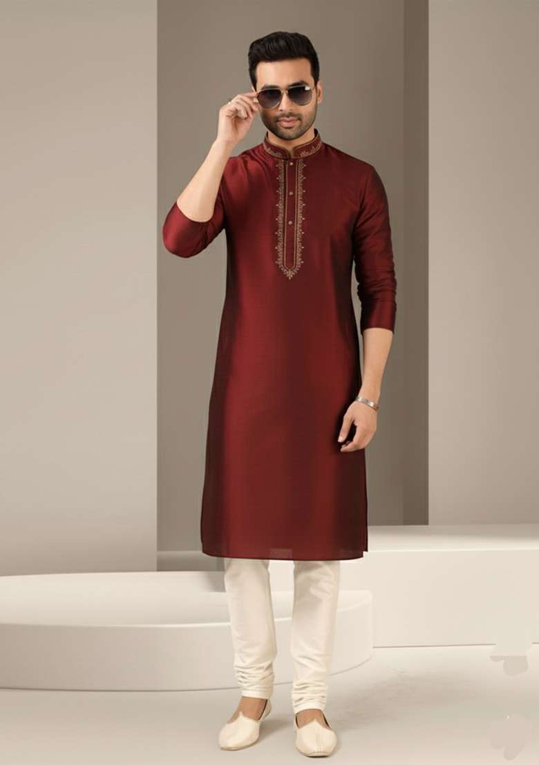 Maroon Embroidery Dupion Silk Blend Kurta Set For Men - Indya