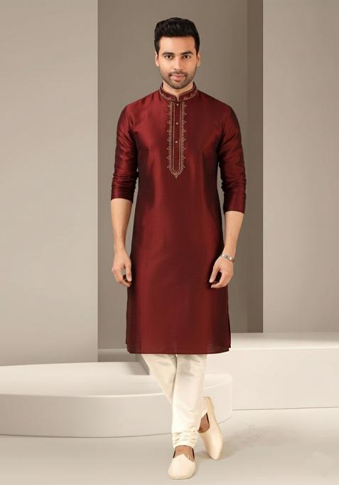 Maroon Embroidery Dupion Silk Kurta Set For Men