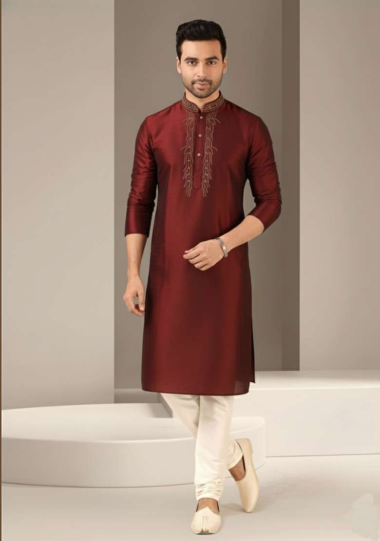 Maroon Embroidery Dupion Silk Blend Kurta Set For Men - Indya