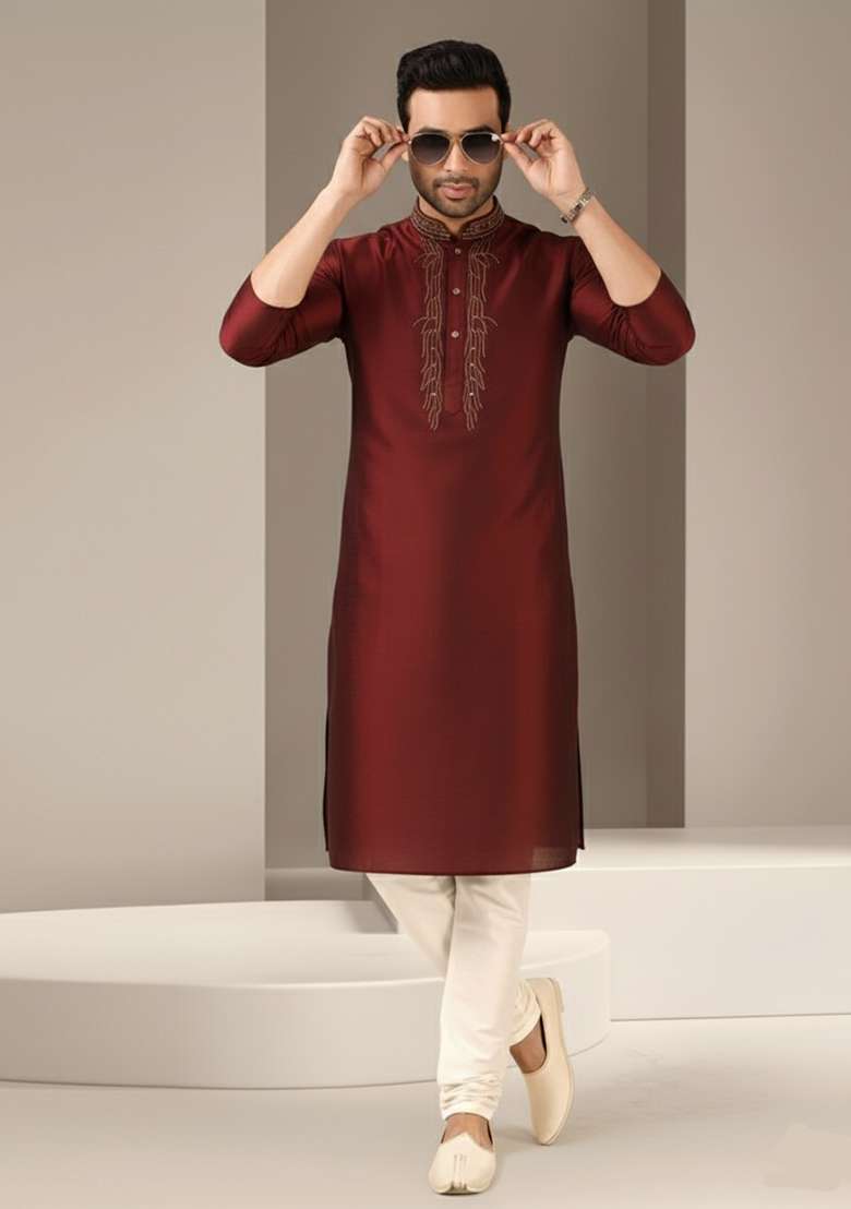 Maroon Embroidery Dupion Silk Blend Kurta Set For Men - Indya