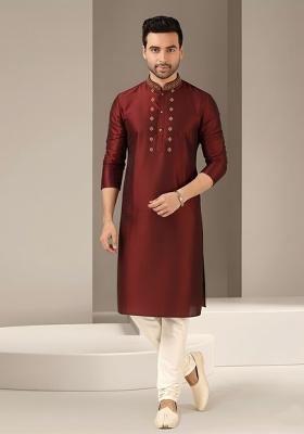 Maroon Embroidery Dupion Silk Kurta Set For Men