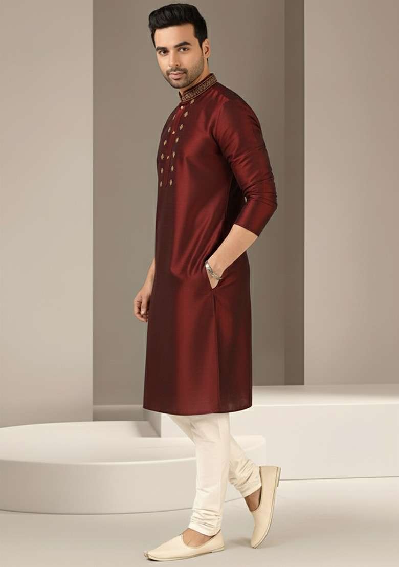 Maroon Embroidery Dupion Silk Blend Kurta Set For Men - Indya