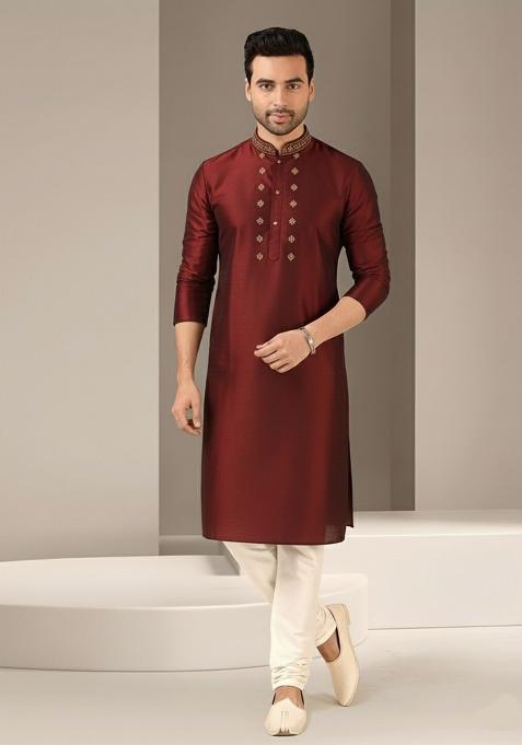 Maroon Embroidery Dupion Silk Kurta Set For Men