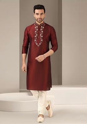 Maroon Embroidery Dupion Silk Kurta Set For Men